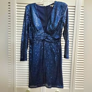 Charlotte Russe Navy Blue Long-Sleeve V-Neck Sequin Sheath Dress--- Size Large